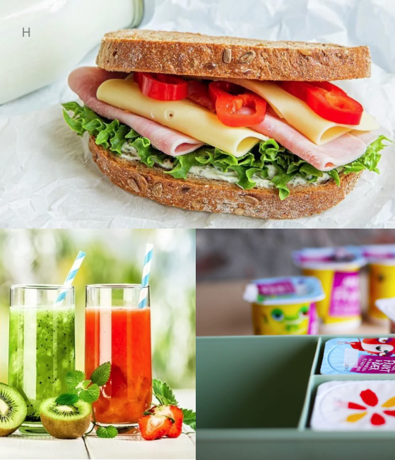 Matpakke med sandwich, smoothie og yoghurt