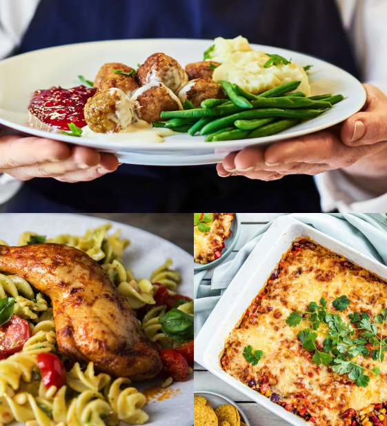 Middag med kjøttboller, pasta og lasagne